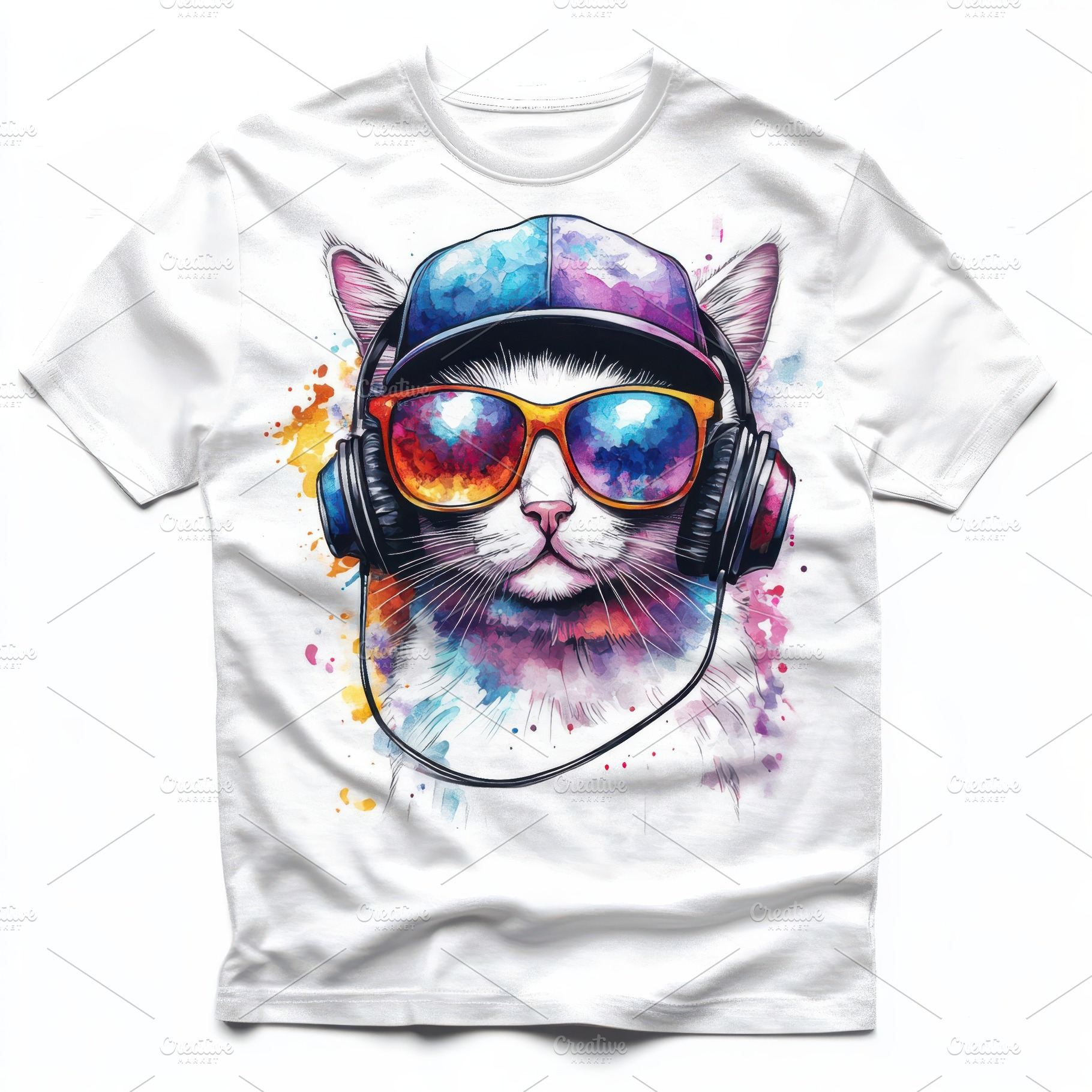 Cool Cat T-shirt Design Watercolor S, a Beauty & Fashion Photo by Pixeness Studio