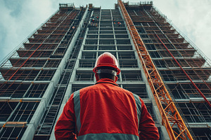 Construction worker stands before a, a Photo by Pixeness Studio