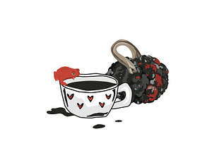 Black coffee cup, red frog, and red, a Food Illustration by Toltemara