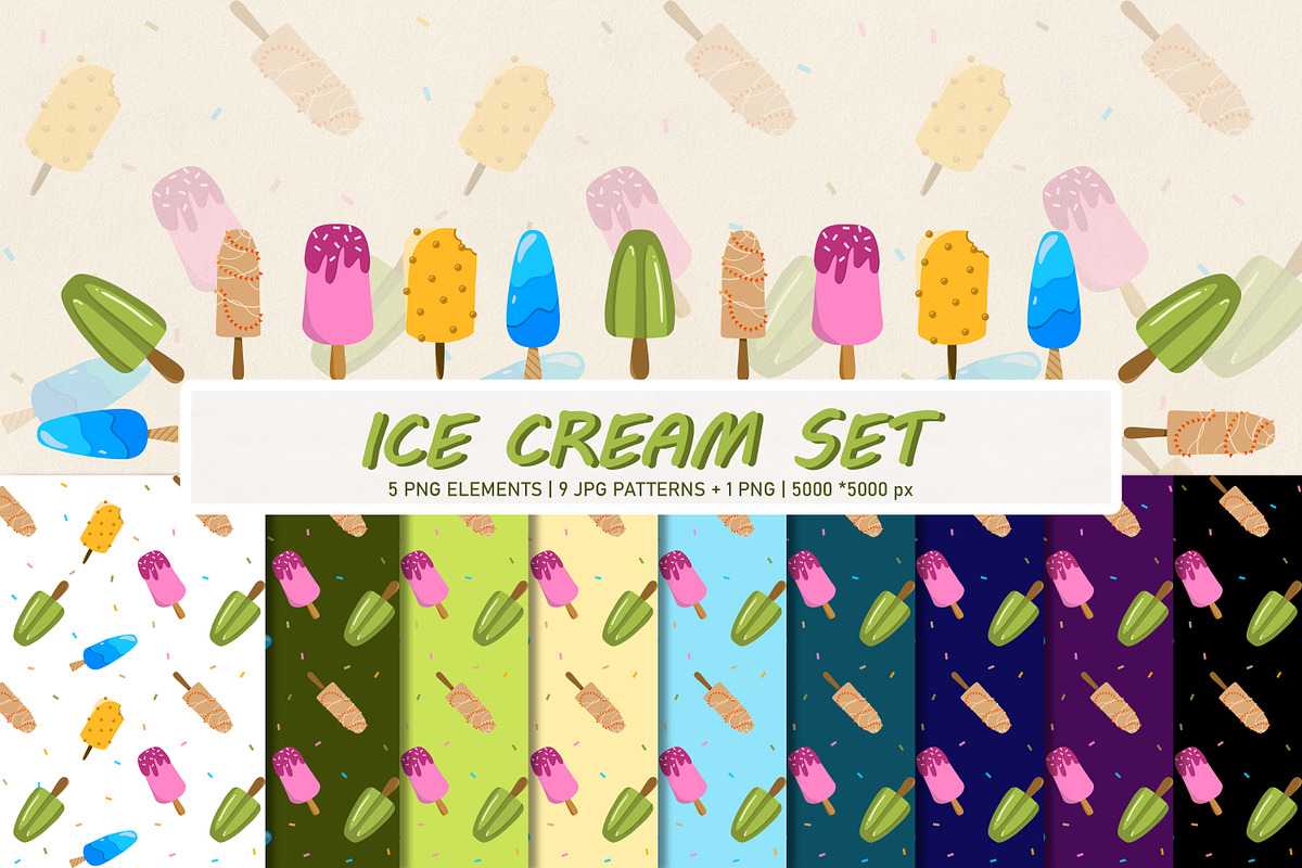 Cute colorful set with ice cream, a Pattern Graphic by Vaniuta_Art (Photo 1 of 6)