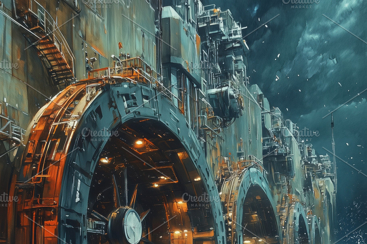 A futuristic underwater facility with large, circular entrances. Waves crash ag, a Technology Illustration by Textures & Backgrounds