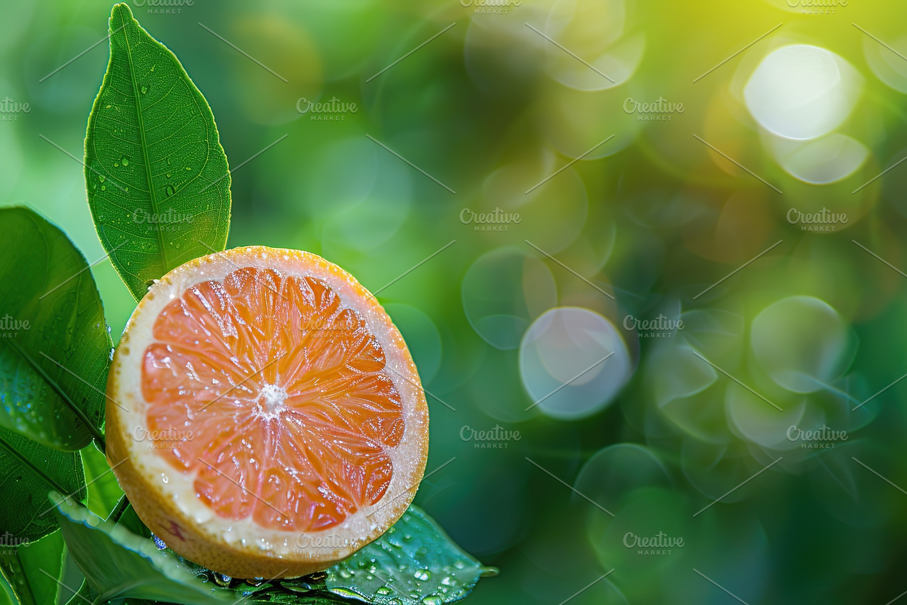 Fresh and tasty grapefruits with green leaves on blurred green background, a Food & Drink Photo by AlyaAnd