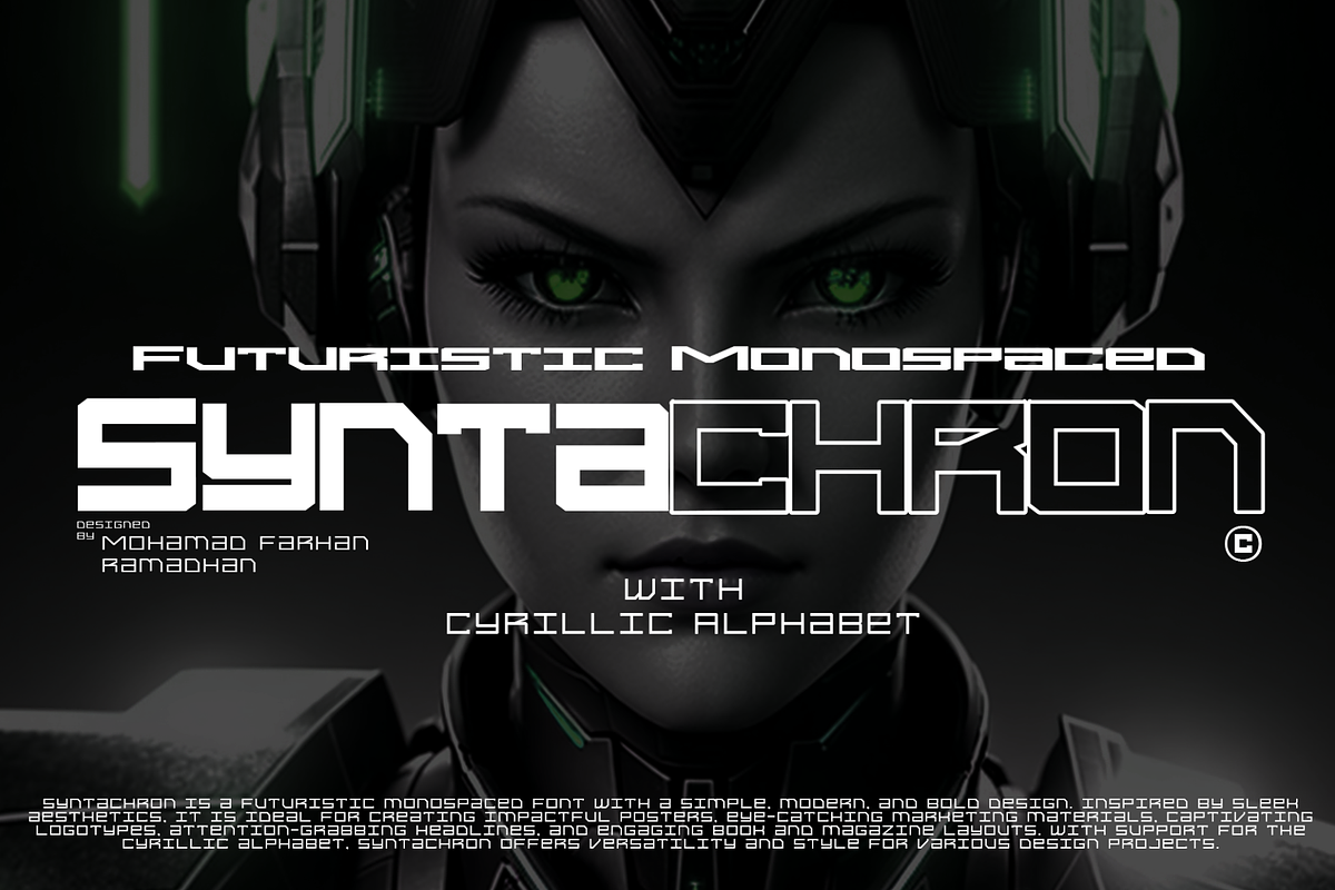 Syntachron - Futuristic Monospaced, a Sans Serif Font by Mofr 24 (Photo 1 of 11)