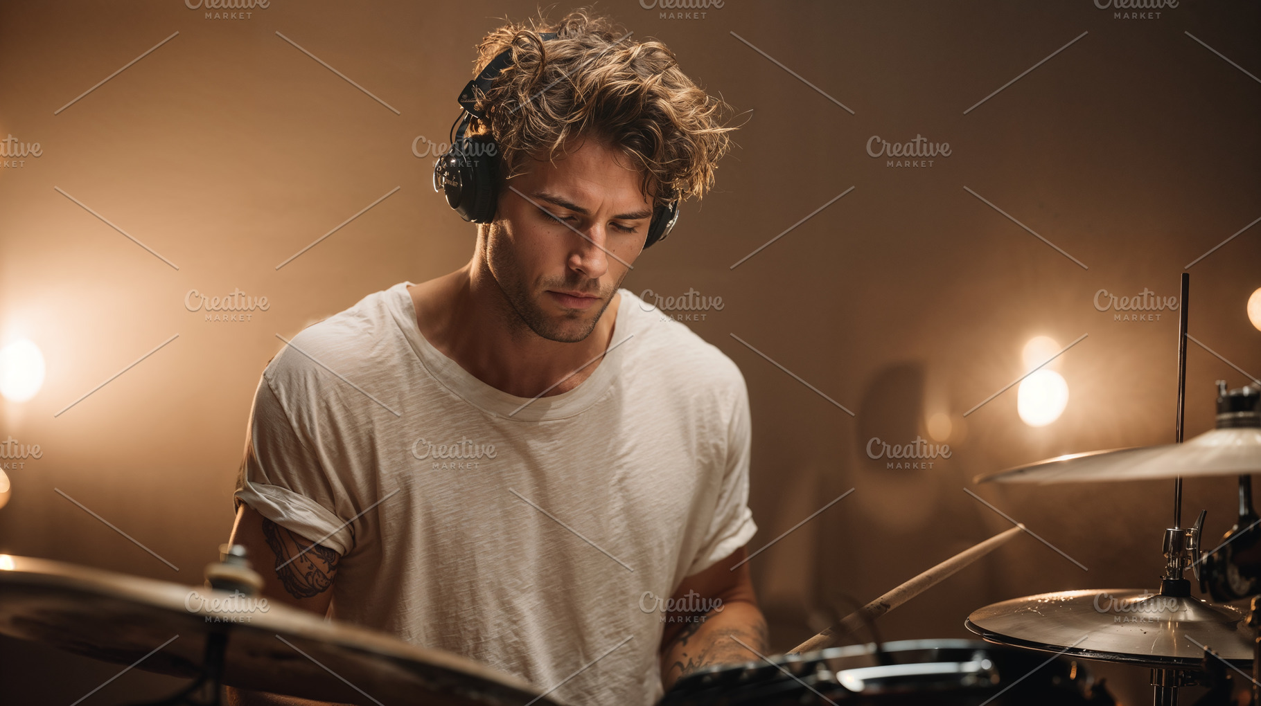 Musician performs on drums in intimate studio setting, a Person Photo by OSORIOartist