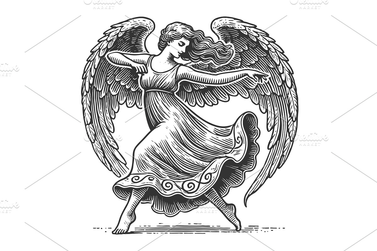 Graceful Dancing Angel engraving, an Illustration by AlexArt