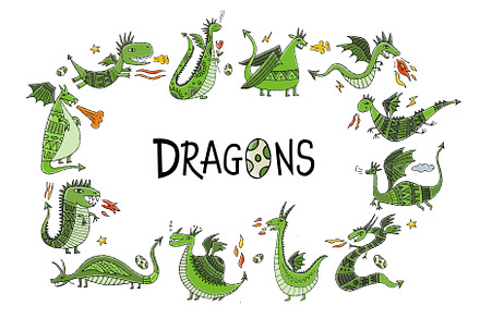 Collection of 12 Dragons isolated on
