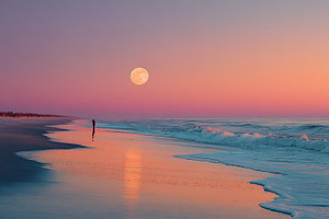 Solitary Figure Beach Sunset Moon Oc, a Photo by Pixeness Studio