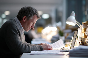 Focused office worker analyzing, a Business Photo by MistyDay