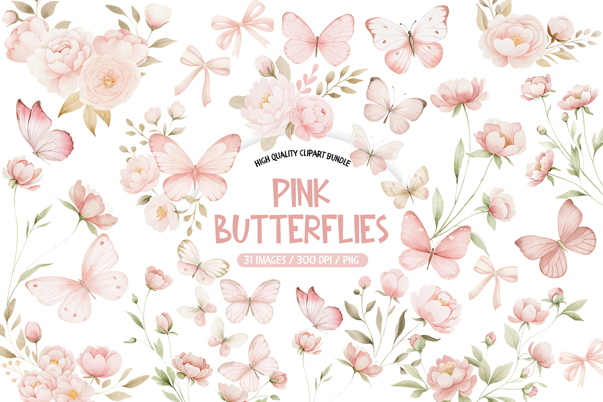 Watercolor Pink Butterfly Clipart, an Illustration by TatiMockup (Photo 1 of 4)