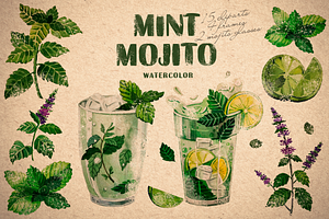 Mint. Mojito. Frames. Watercolor.