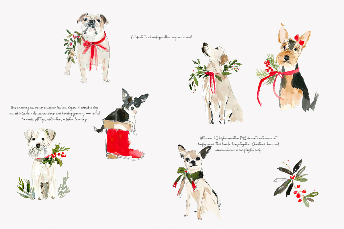 watercolor clipart Christmas dog set, a Decorative Illustration by Patishop Art (Photo 4 of 6)
