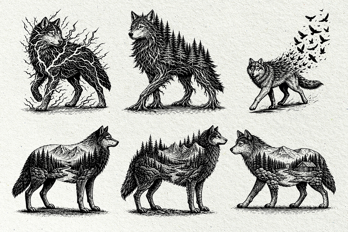 Wolf Wildlife Engraving Graphics, an Animal Illustration by DENIDigitalArtSudio (Photo 9 of 12)