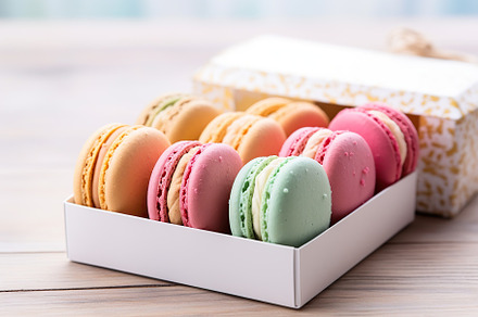 Colorful macarons dessert in box on wooden background, a Food & Drink Photo by AlyaAnd