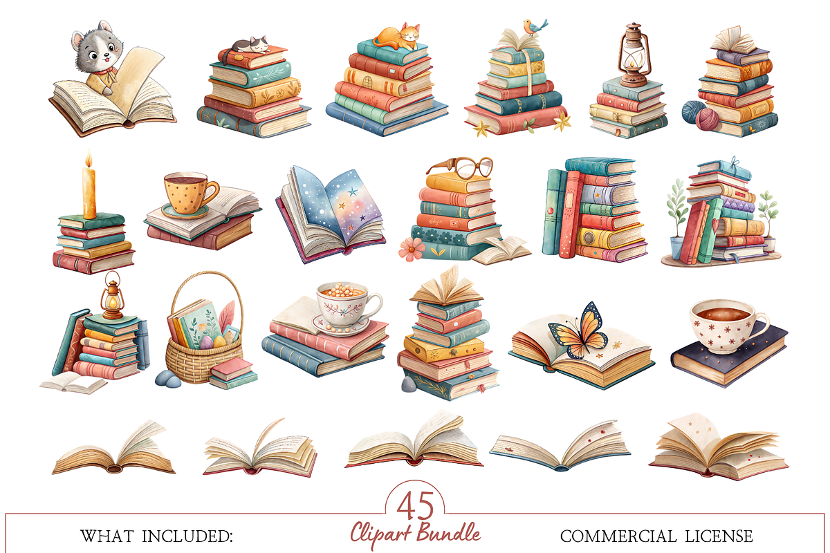 Watercolor Book Lover Clipart Bundle, an Illustration by MockupWizard (Photo 2 of 6)