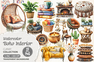 Watercolor Boho Interior Clipart, an Illustration by Dream Creation