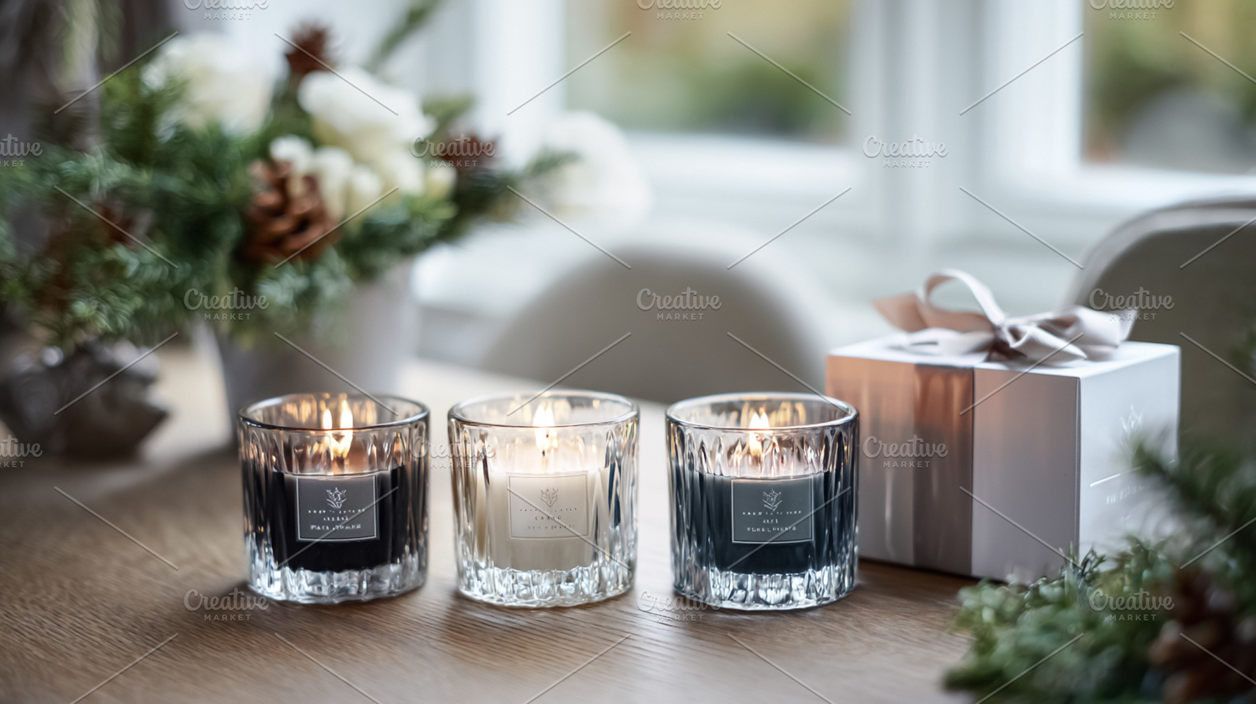 Scented candles glowing on wooden table with elegant gift box, c, a Photo by Studio ANNA