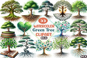 Green Watercolor Tree With Roots Cli, an Illustration by DreamCafeArt