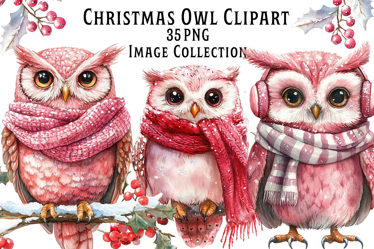 Christmas Owl Watercolor Clipart, an Illustration by Dream Creation (Photo 1 of 8)