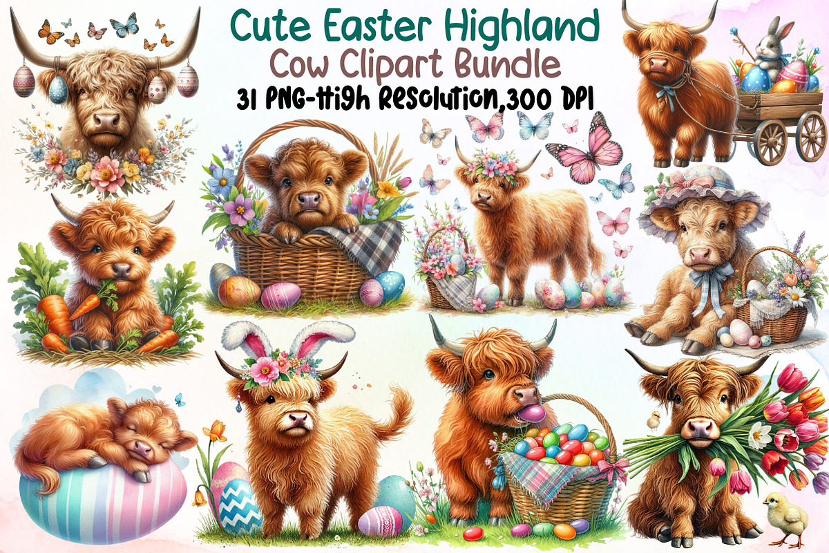 Cute Easter Highland Cow Clipart Bun, an Illustration by Sublimation Artist