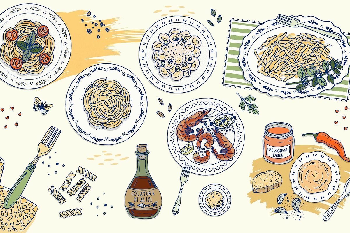 Hand drawn italian pasta food set, a Food Illustration by Zimages (Photo 2 of 3)