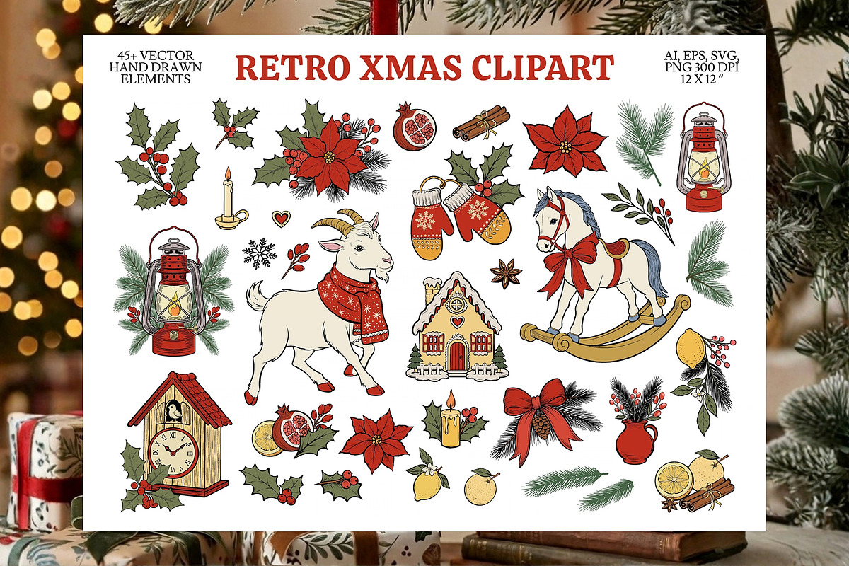 Retro Christmas Clipart Vector Set, an Animal Illustration by ilonitta (Photo 1 of 12)