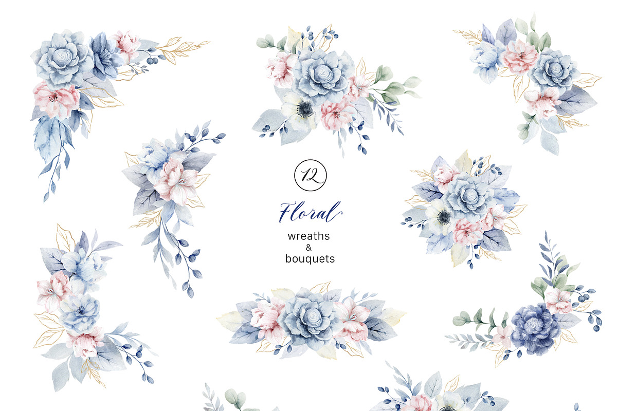 Blue Watercolor Floral Cliparts, a Decorative Illustration by Elena Medvedeva (Photo 3 of 7)