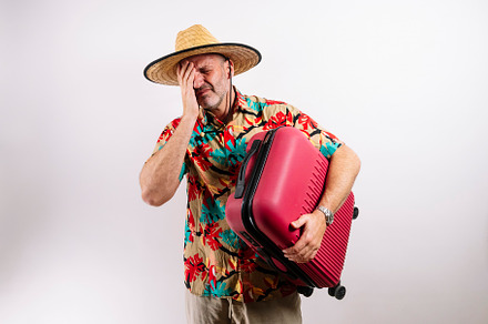 Man ready for vacation with red suitcase