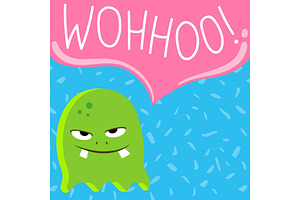 Vector Cute Cartoon Screaming Monster With Speech Bubble On Confetti Background