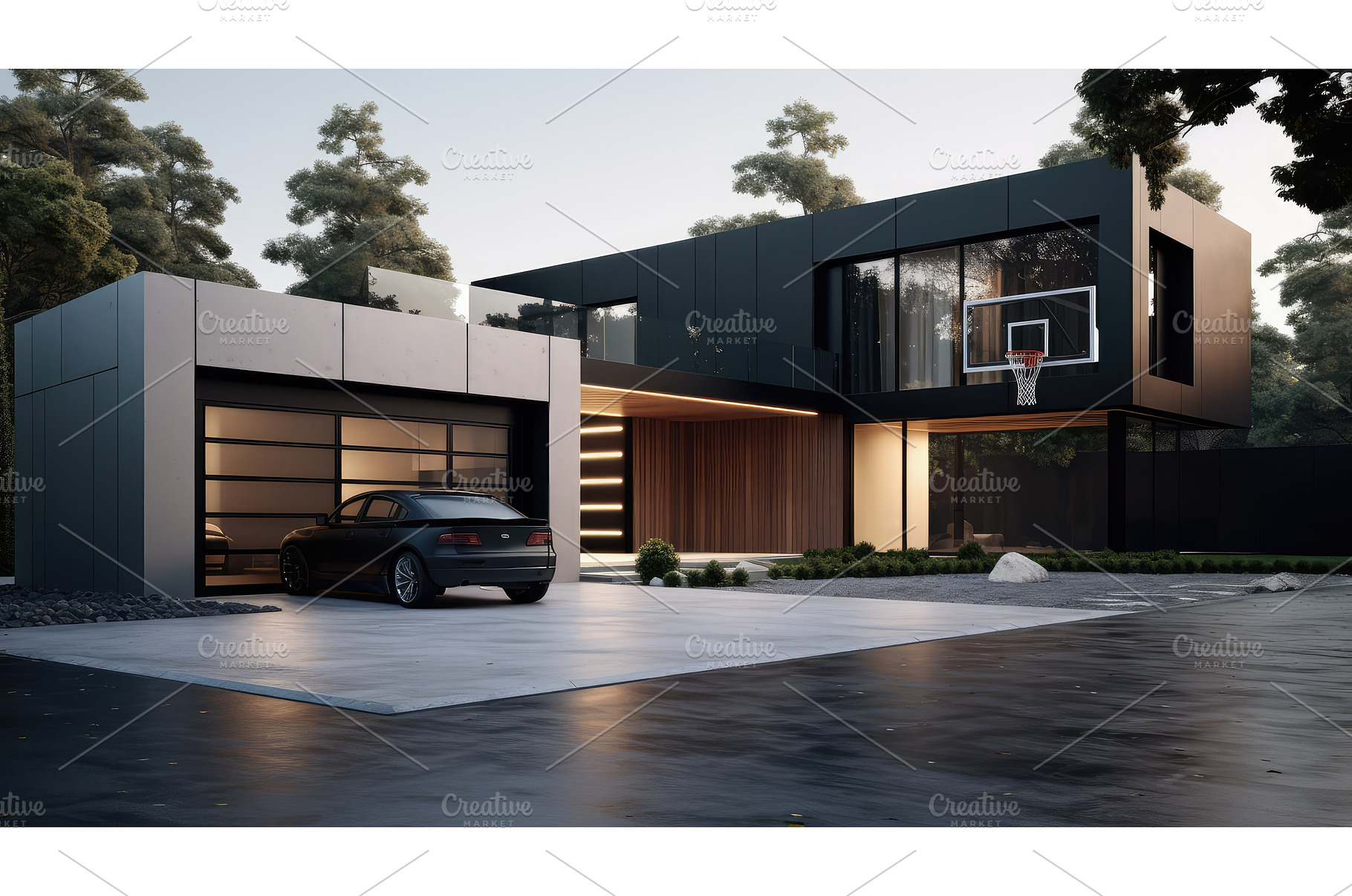 sleek house with basketball hoop ai, an Architecture Photo by pikepicture