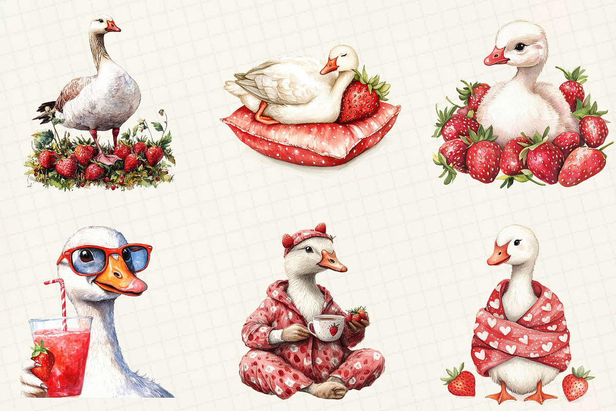 Watercolor Strawberry Goose Clipart, an Illustration by OK Design (Photo 3 of 5)