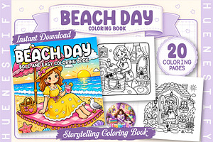 Beach Day Story Coloring Book, a Seasonal Illustration by HueNestify