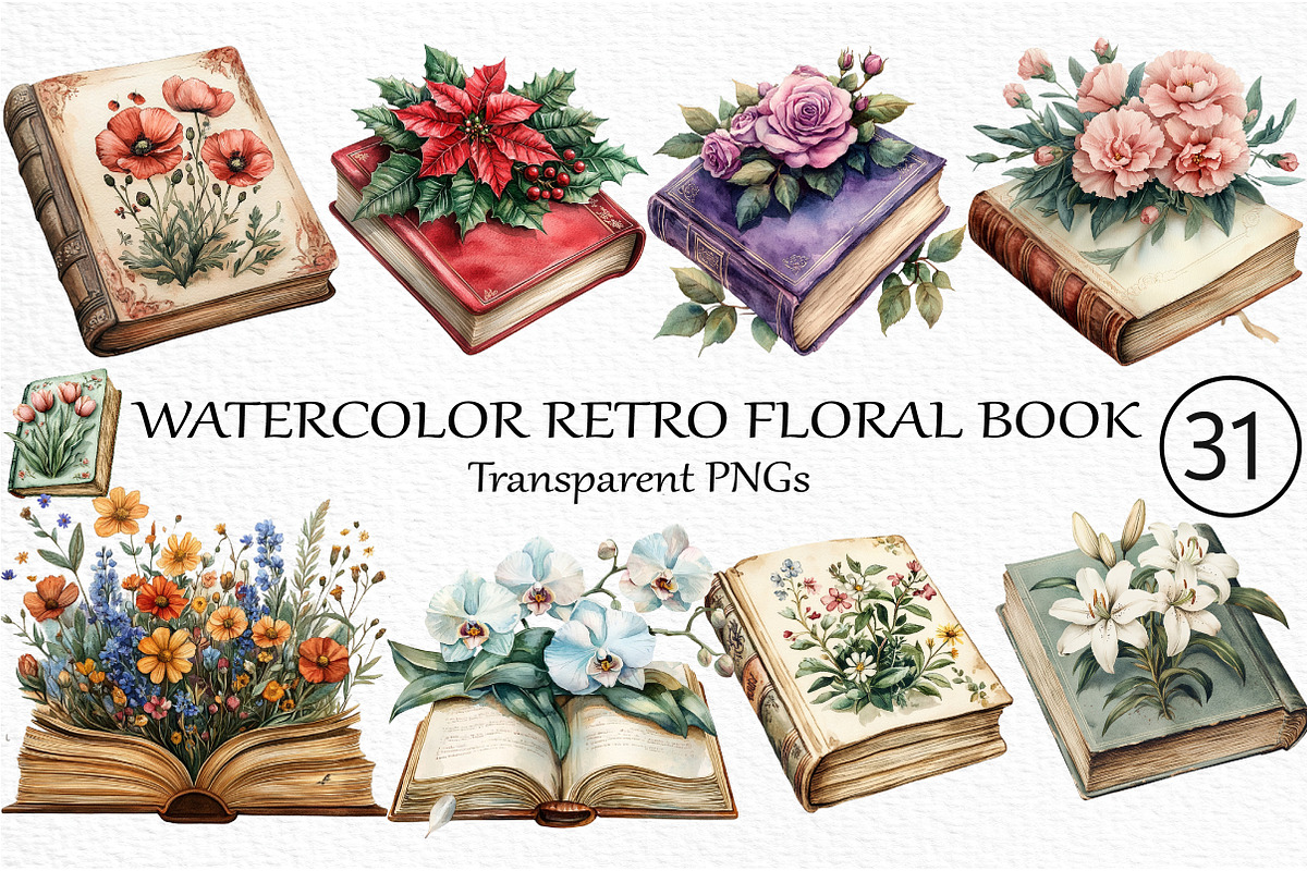 Watercolor Retro Floral Book Clipart, an Illustration by Craft Nest (Photo 1 of 6)