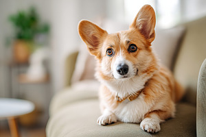 Corgi relaxing comfortably on a cozy couch in a bright living room during a sun, a Photo by AlyaAnd