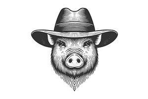 Pig in Hat engraving vector, an Animal Illustration by AlexArt