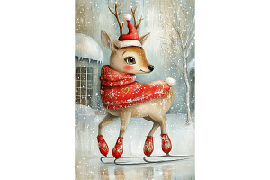 Ice Skating Deer with Santa Hat Art, an Animal Illustration by Art Paradise Studios