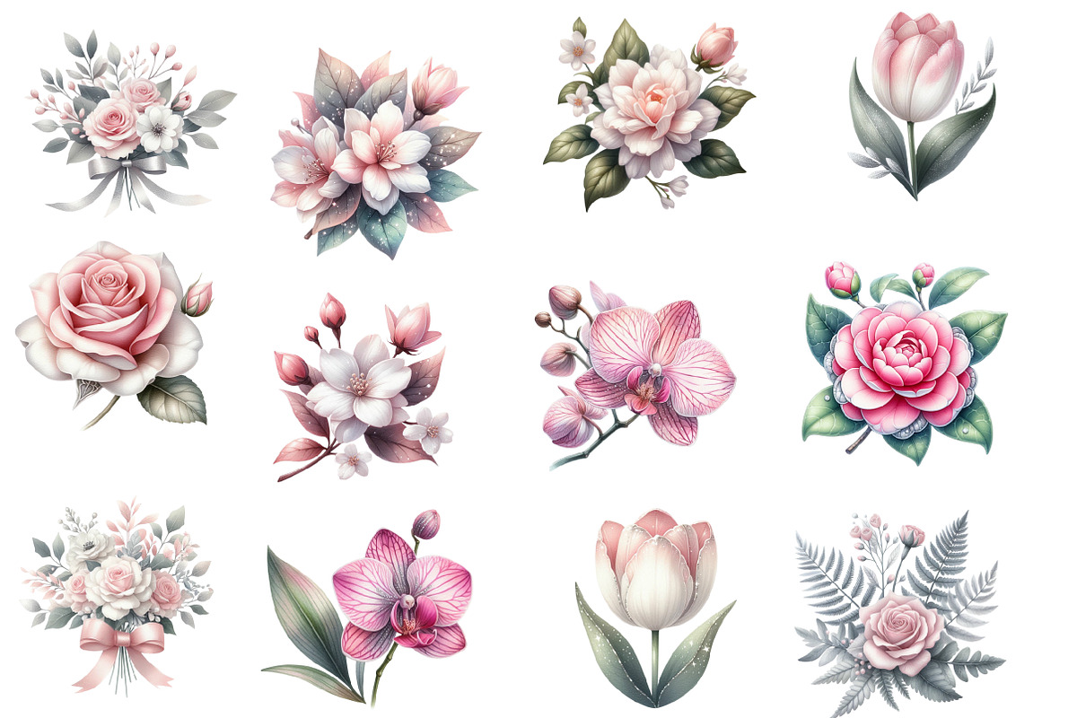 Pink White and Silver Floral Clipart, an Illustration by Designworld (Photo 3 of 5)