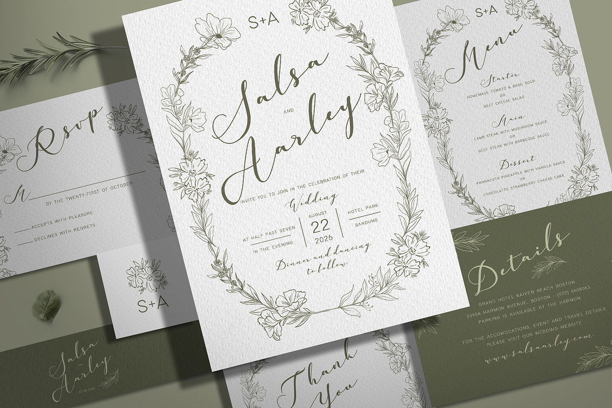 Flowers Sage Wedding Invitation Set