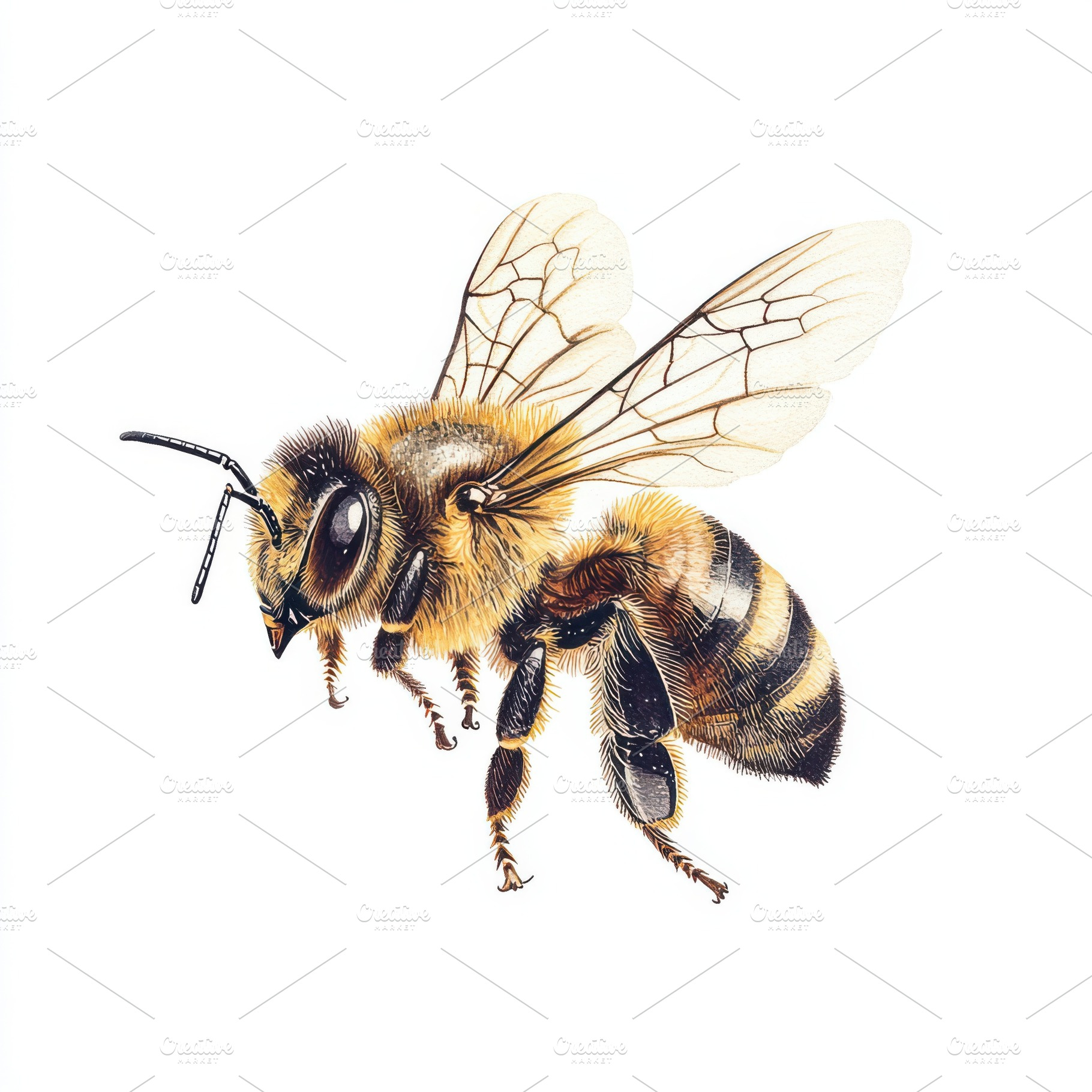 Honeybee in flight detailed watercol, an Animal Photo by Pixeness Studio