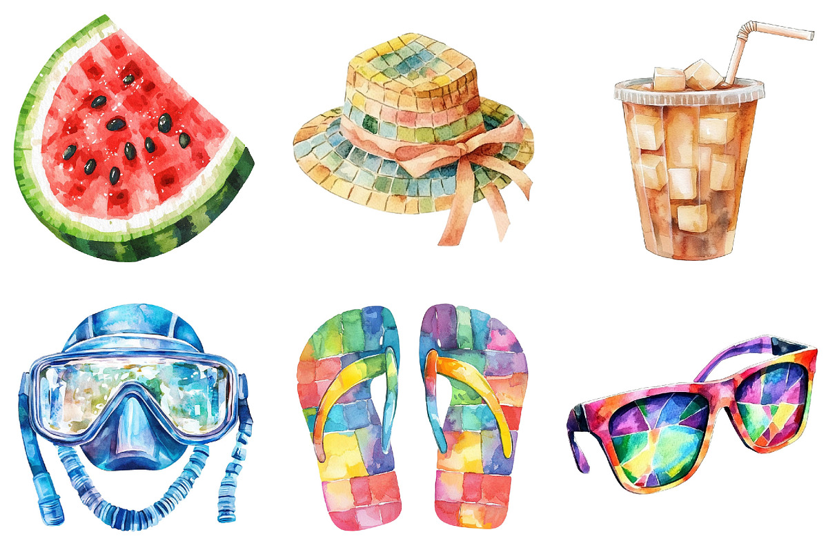 Watercolor Summer Vacation Clipart, an Illustration by Pixels.Craft (Photo 4 of 6)