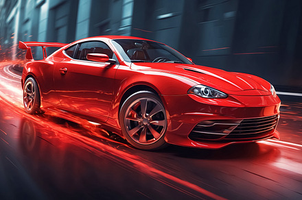 Red sports car on the road with motion blur. Generative Ai, a Transportation Photo by Ales Munt
