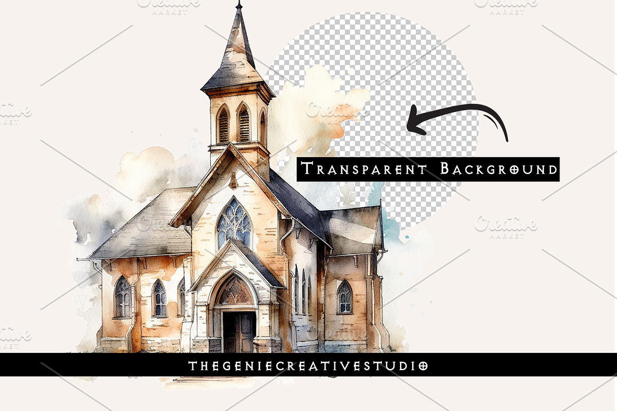 Watercolor PNG Church Clipart, an Object Illustration by Geniecreativestudio (Photo 2 of 9)