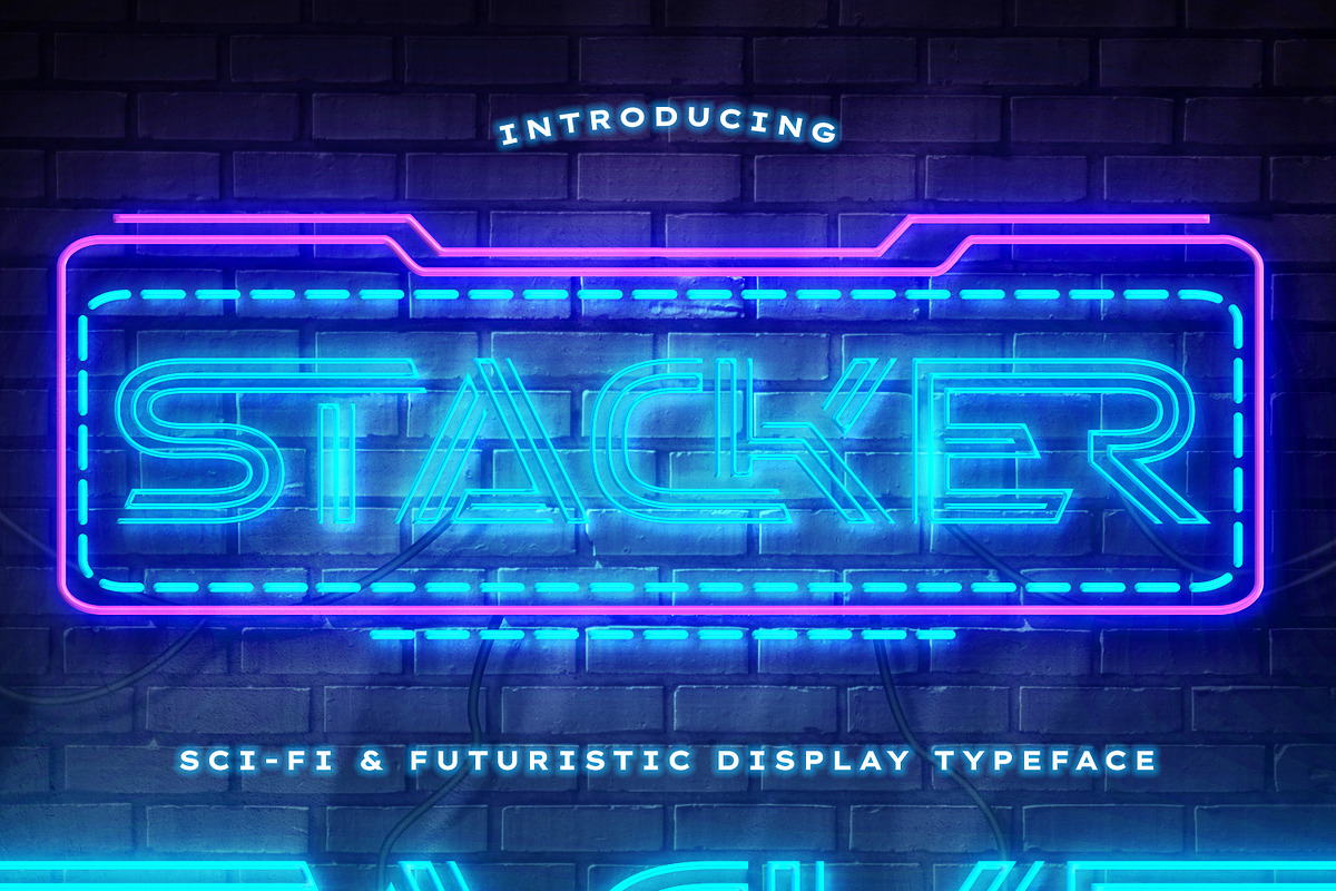 Stacker - Neon Sci-fi Futuristic, a Sans Serif Font by Almarkhatype (Photo 1 of 10)