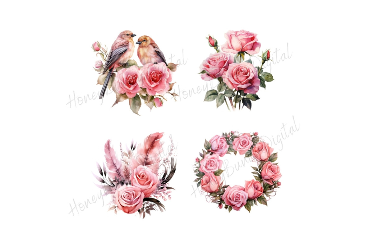 Watercolor Pink Rose Clipart, a Decorative Illustration by HoneyBunnyDigital (Photo 2 of 7)