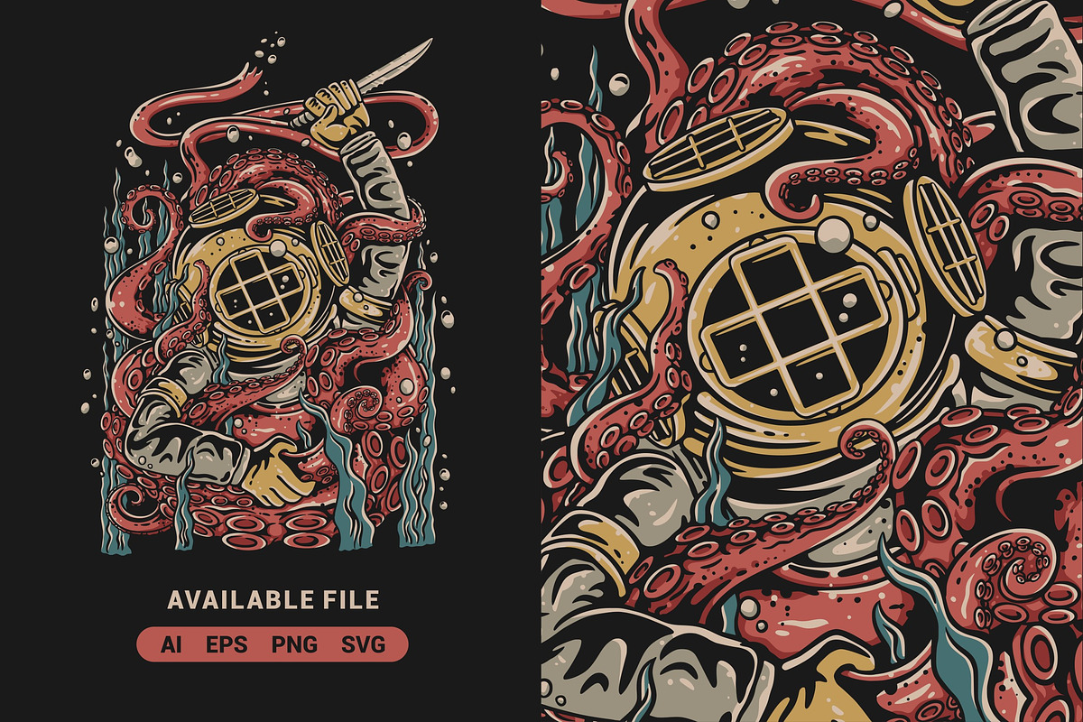 Diver Faces Octopus Monster Vector, an Illustration by ImoogiStudio