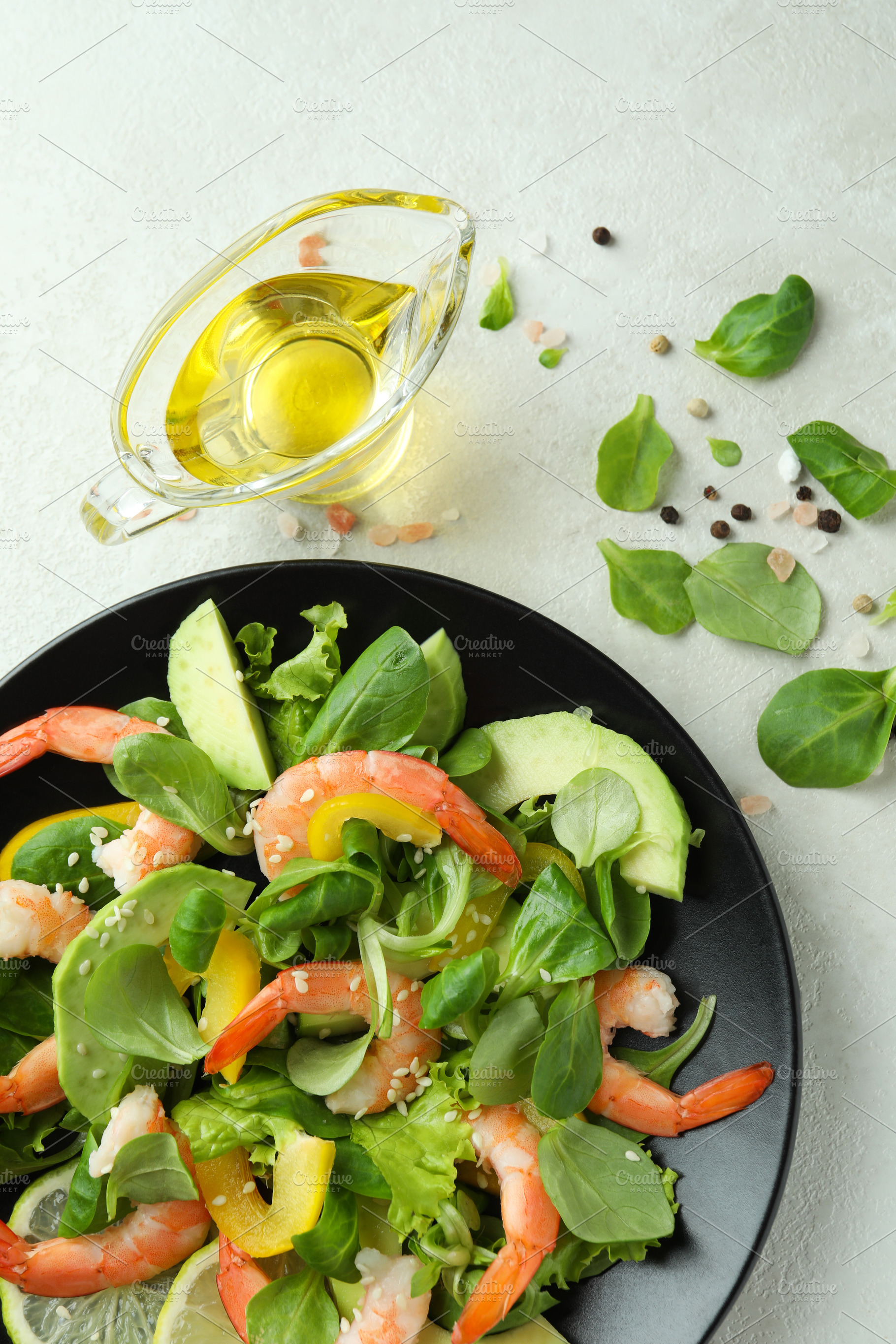 Concept of tasty eating with shrimp salad, a Food & Drink Photo by AtlasStudio PRO