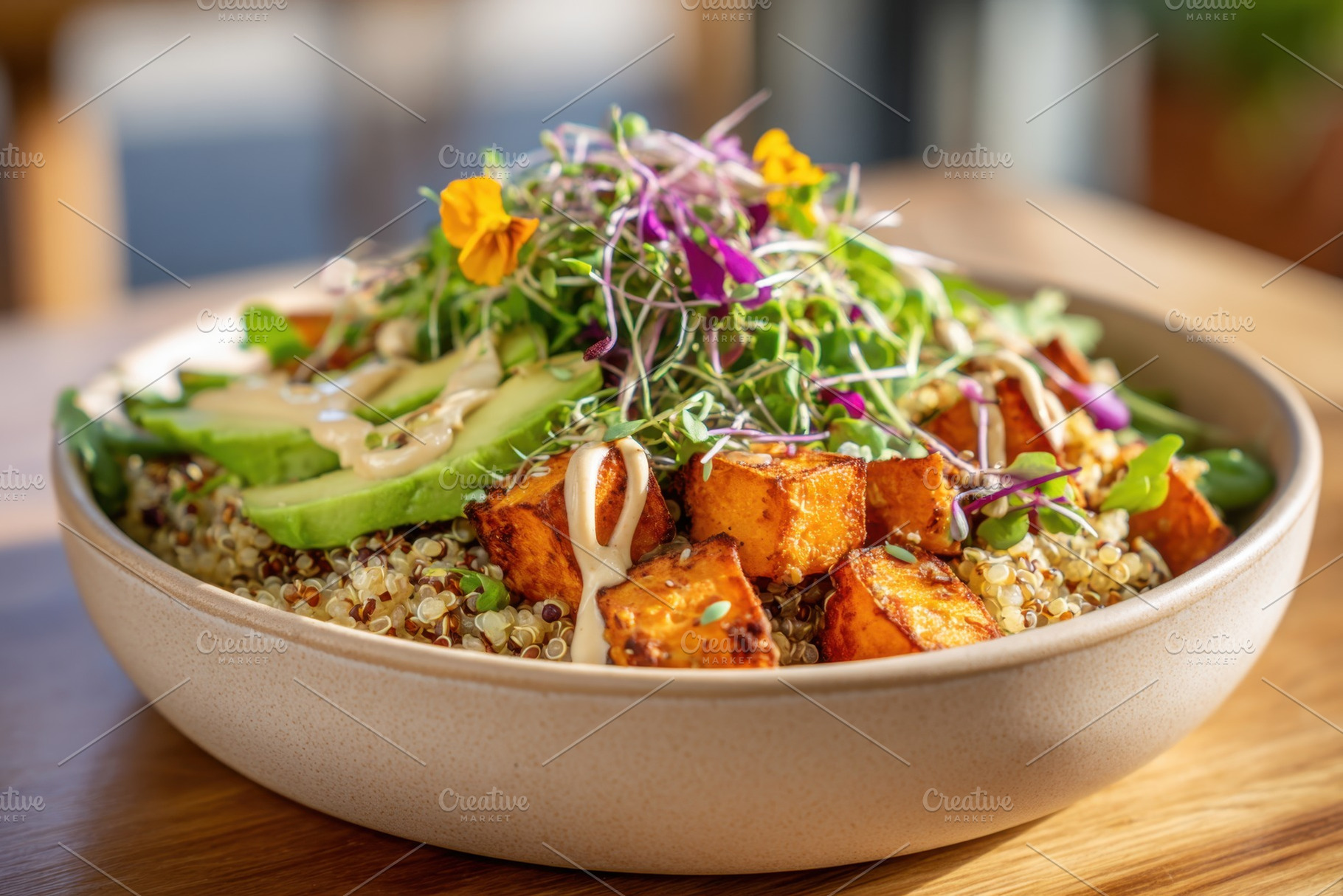 Colorful quinoa bowl with roasted sweet potatoes and avocado, a Food & Drink Photo by AlyaAnd