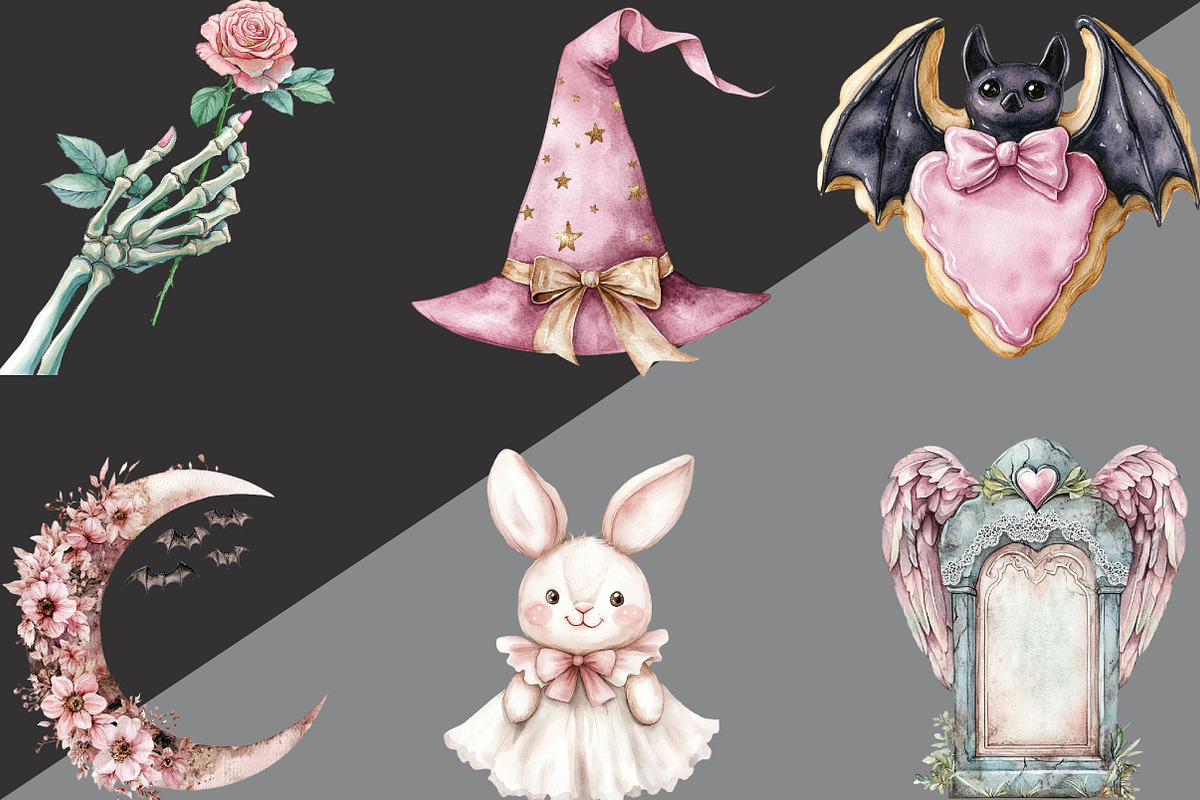 Watercolor Pink Halloween Clipart, an Illustration by Black Bird Studio (Photo 2 of 6)