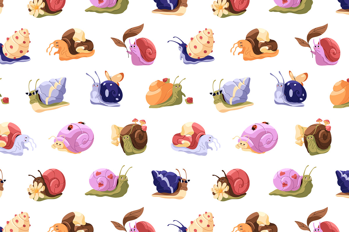 Cute, funny snails set + backgrounds, an Animal Illustration by PaperTrident (Photo 26 of 26)