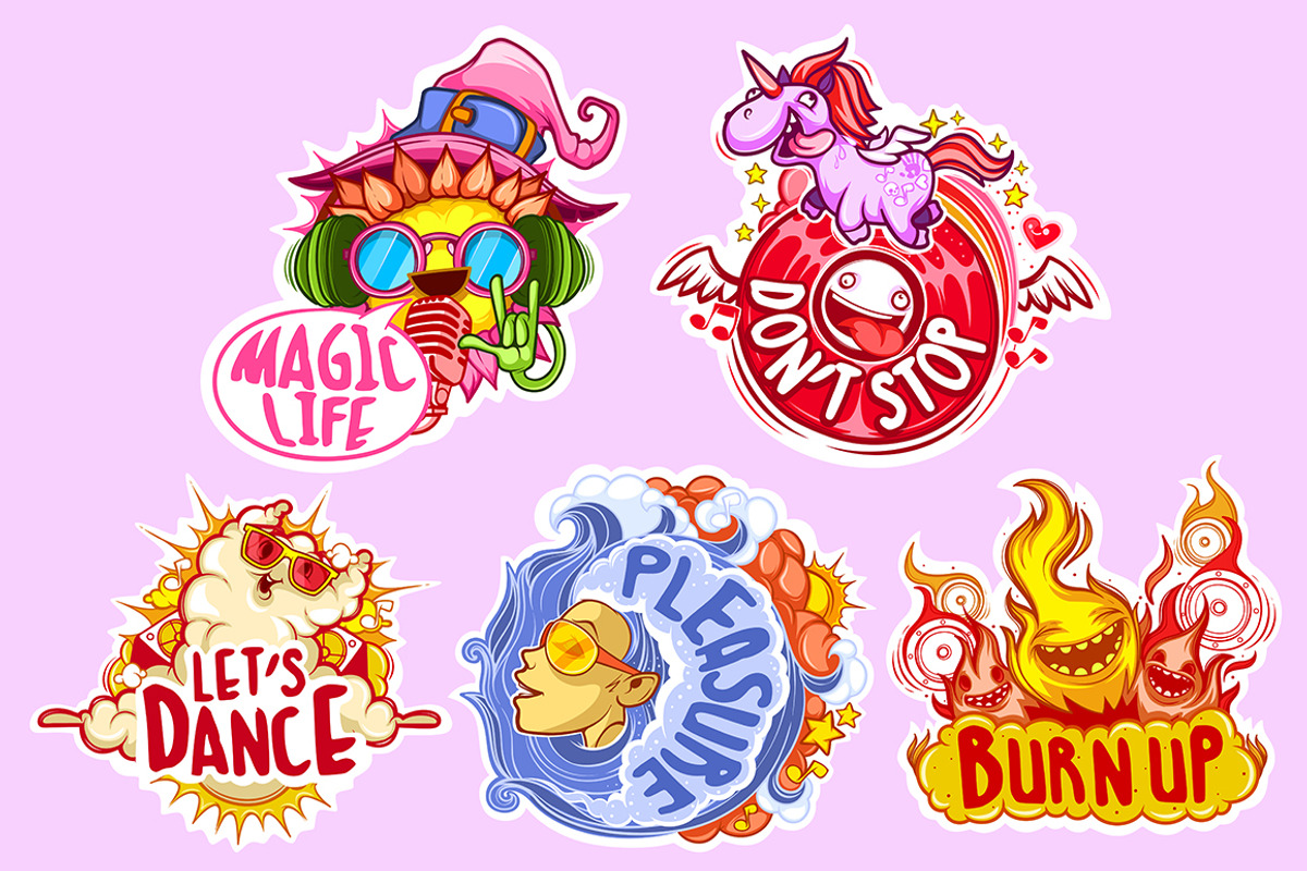 Set of five stickers for party, an Illustration by yuanden graphics