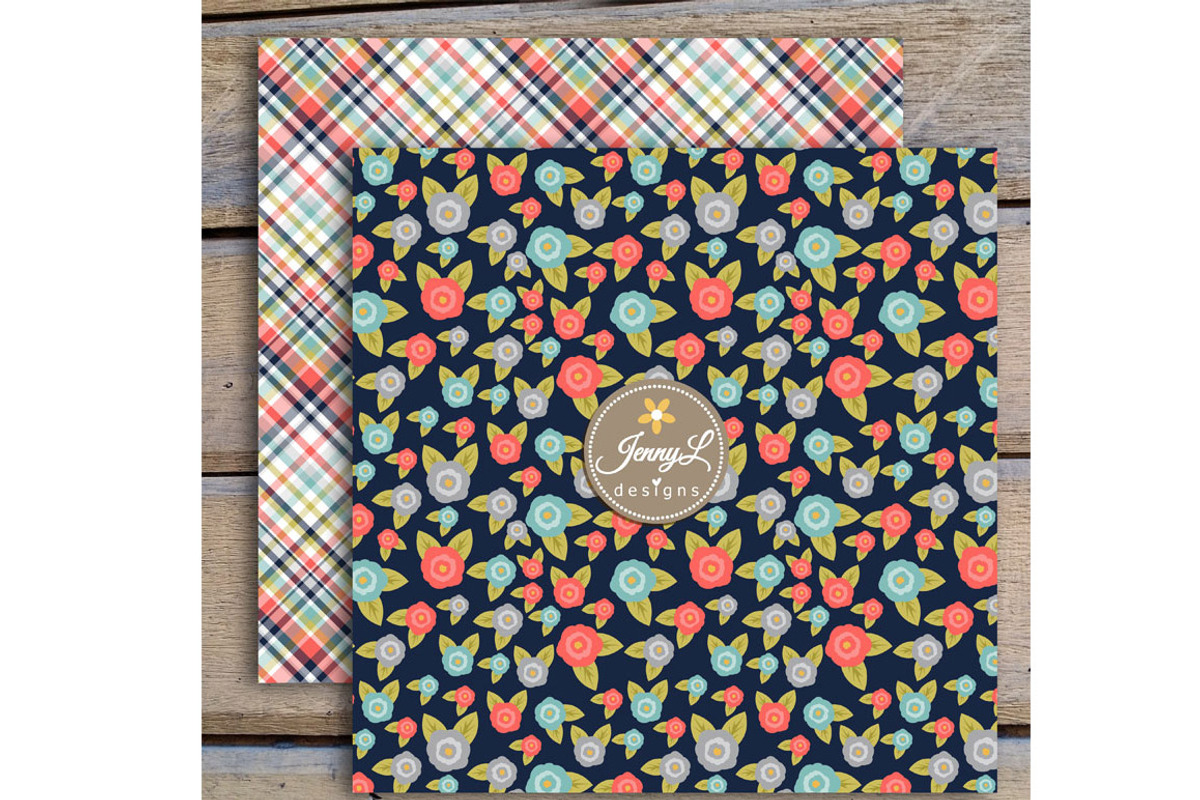 Coral Navy Floral Digital Papers, a Pattern Graphic by JennyL Designs (Photo 3 of 5)